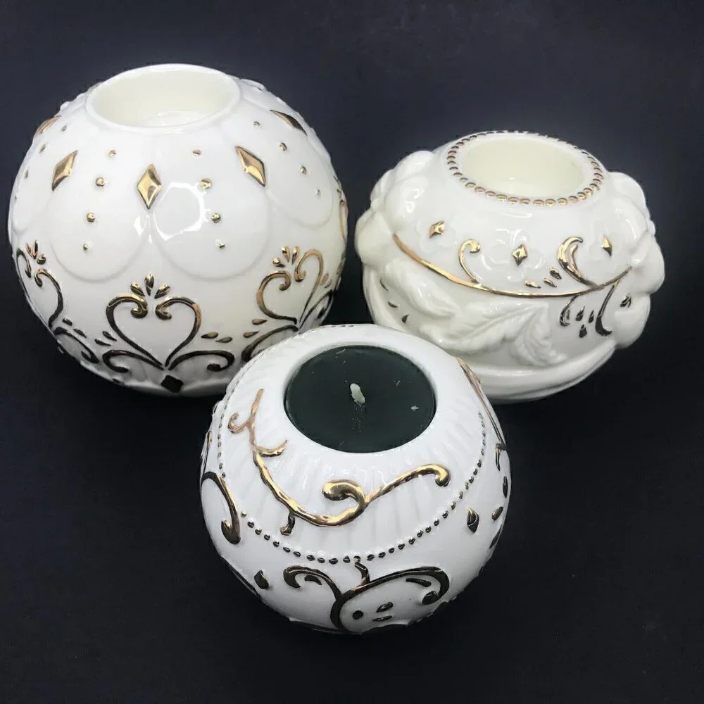 Vintage 90s Otagiri 3 Round Porcelain Tea Light Candle Holders Gold Accent